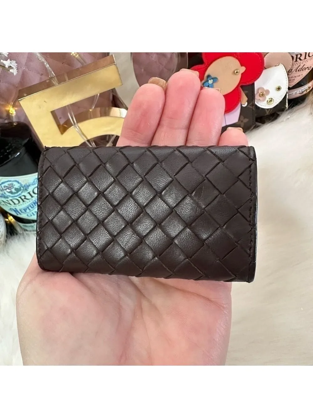 AUTHENTIC BOTTEGA VENETA INTRECCIATO WOVEN BROWN LEATHER 5 RING KEY CASE ITALY